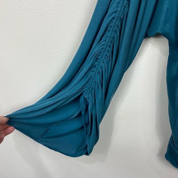 Free People Salt N Peppa Strappy Ruched Sleeve Modal Blend Jade Green Blue Top M - Picture 7 of 11